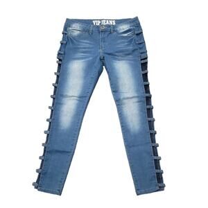 VIP Blue Light Washed Sexy Side Leg Cut Out Straight Jeans Women's Pants